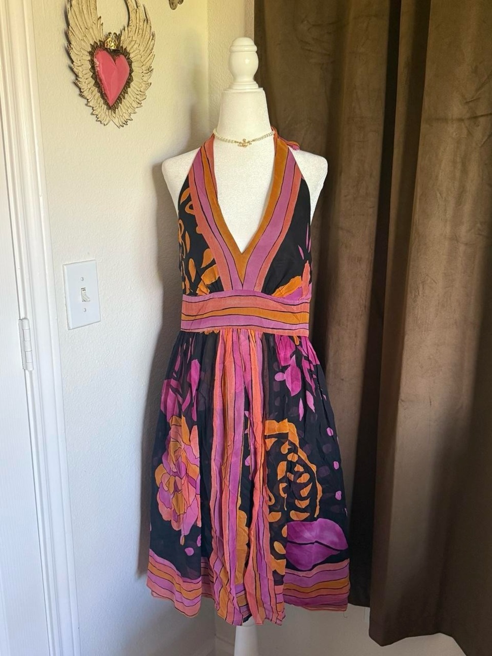 Jones New York Silk Vintage Halter Floral Midi Dress Summer Vacation Bohemian